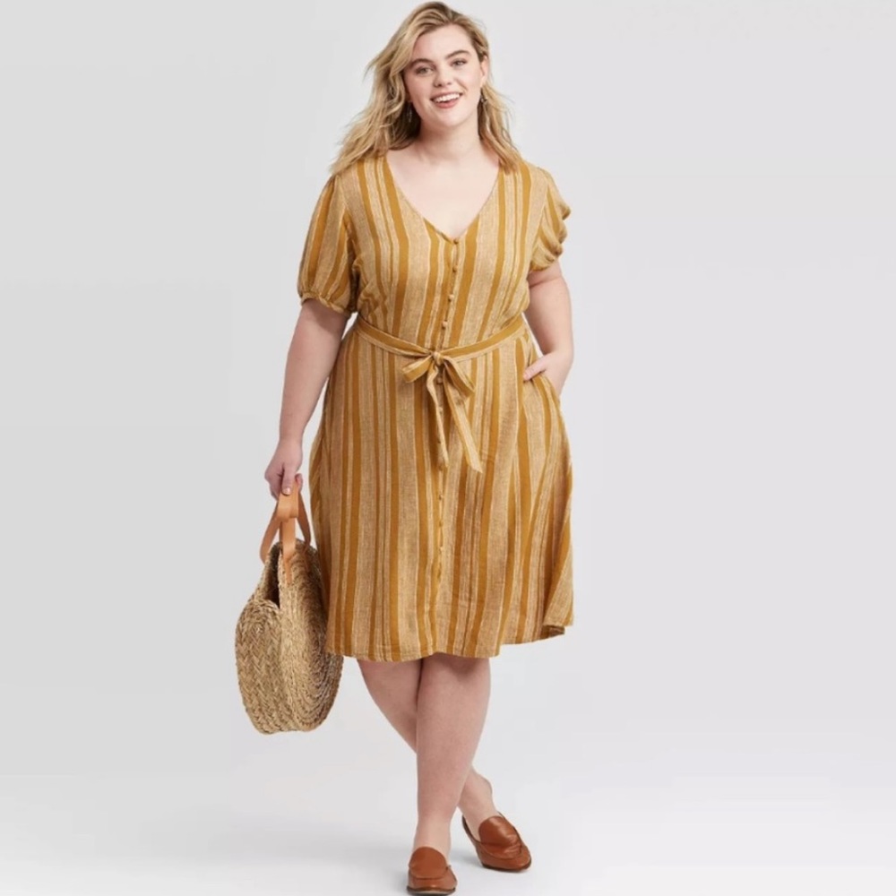 universal thread | linen blend mustard stripe puff sleeve midi dress xl nwt